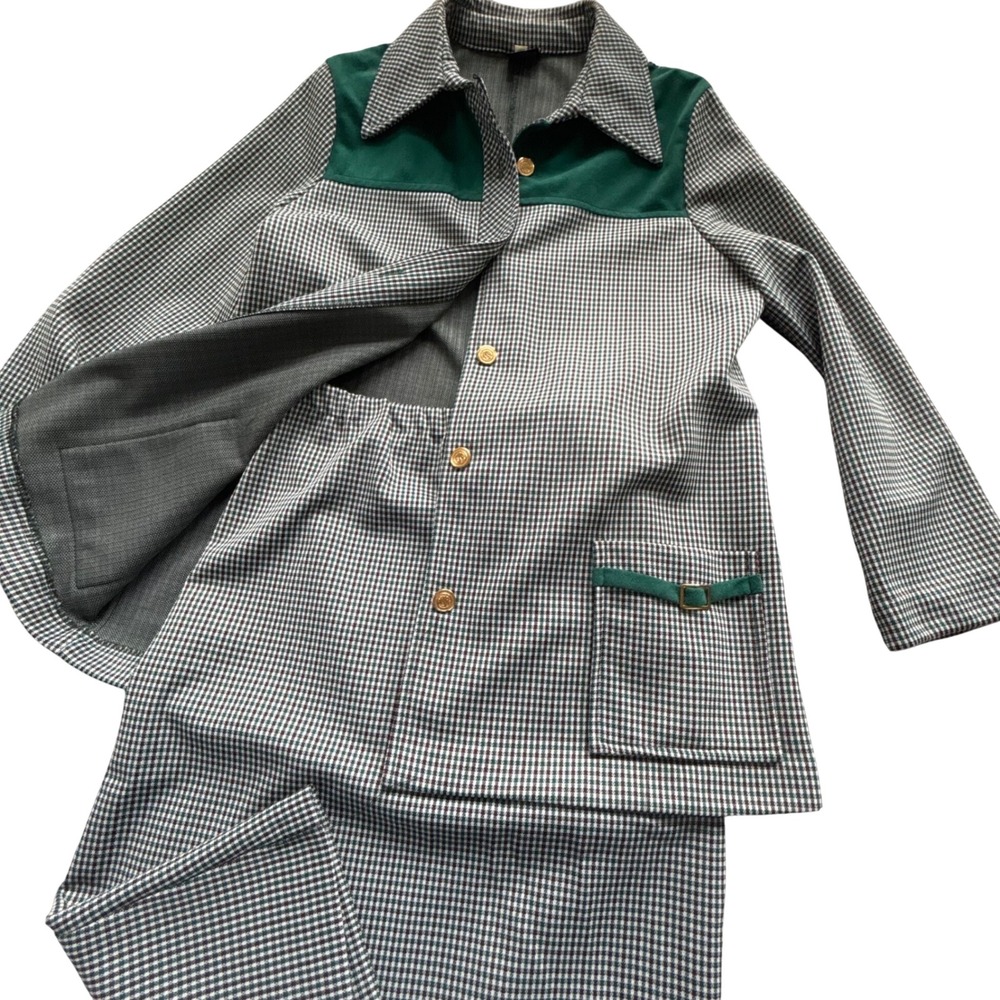 Private Label Skirt Suit Set Womens L Green Houndstooth Equestrian Vintage USA